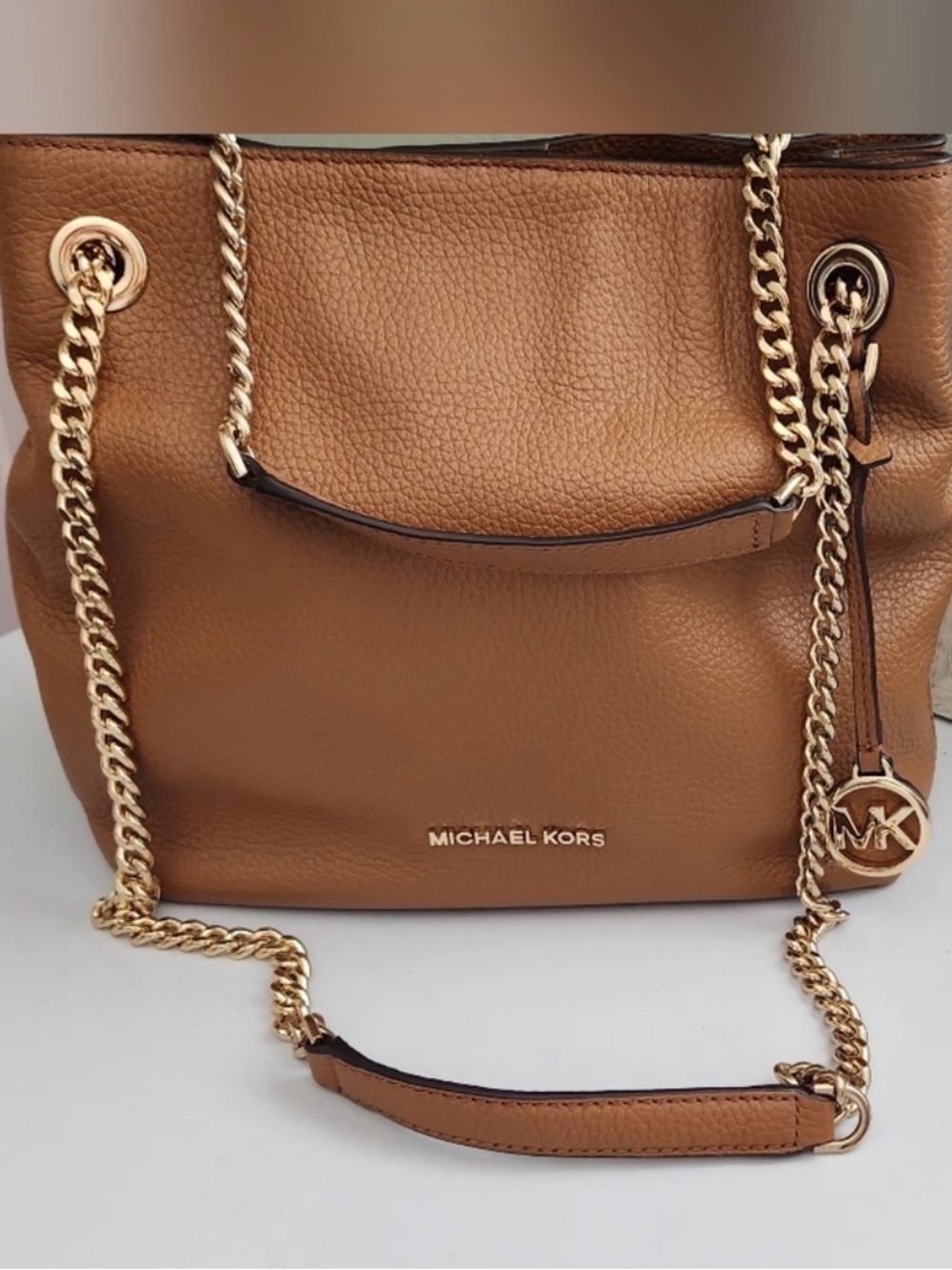 Michael Kors Brown Pebbled Leather Chain Tote with Gold Hardware